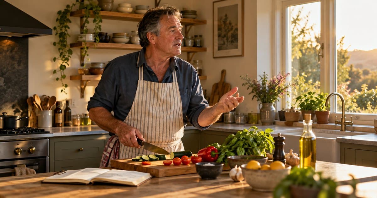 A man cooking at his kitchen counter in late afternoon light, pausing mid-task to ask a question out loud
