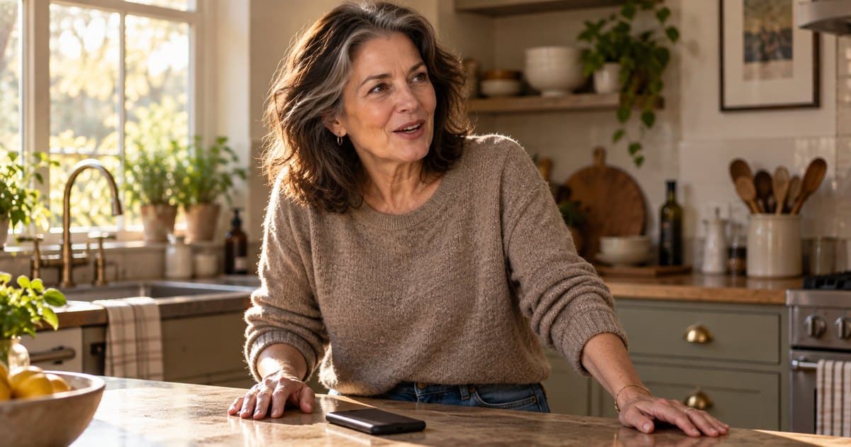 A woman standing at her kitchen counter, mid-sentence, asking a question out loud with her phone face down beside her