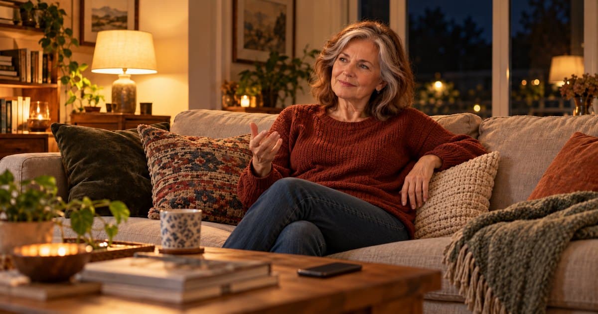 A woman on her sofa in the evening, mid-sentence, her phone face down on the coffee table