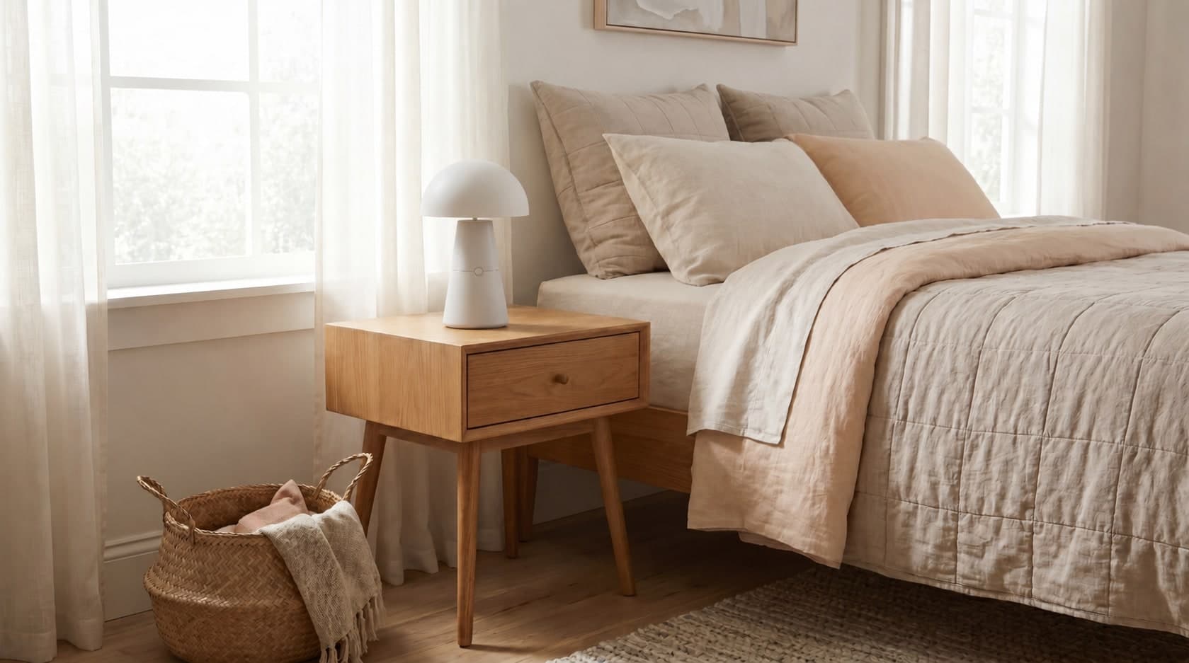 A warm, lived-in bedroom with a Lutso lamp on the nightstand