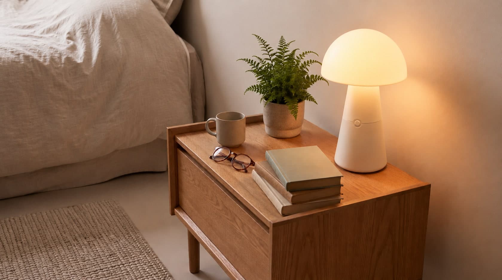 A Lutso lamp glowing softly on a bedside table beside a plant and a stack of books