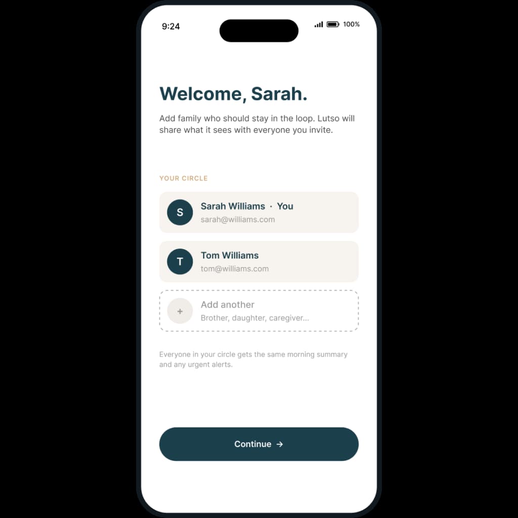 Lutso app — welcome screen + family circle invite UI
