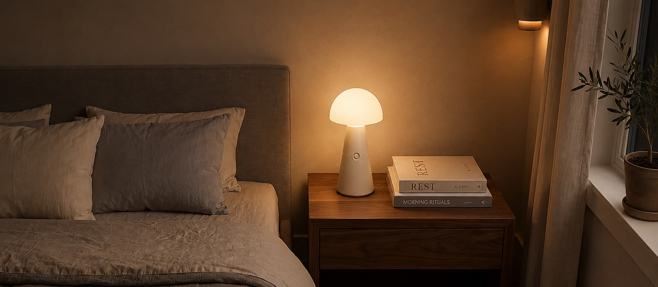 A dim bedroom at night, a Lutso lamp glowing softly on the nightstand