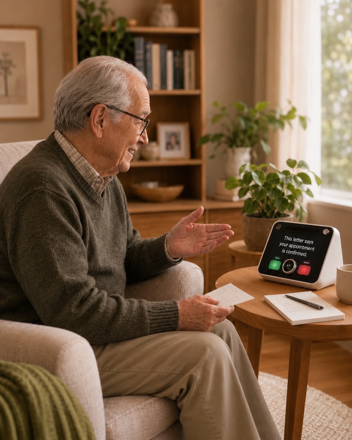 A silver-haired man in glasses relaxes in an armchair holding a letter, talking to the cream Lutso device on a wooden side table; its screen reads “This letter says your appointment is confirmed.” in a warm, plant-filled living room