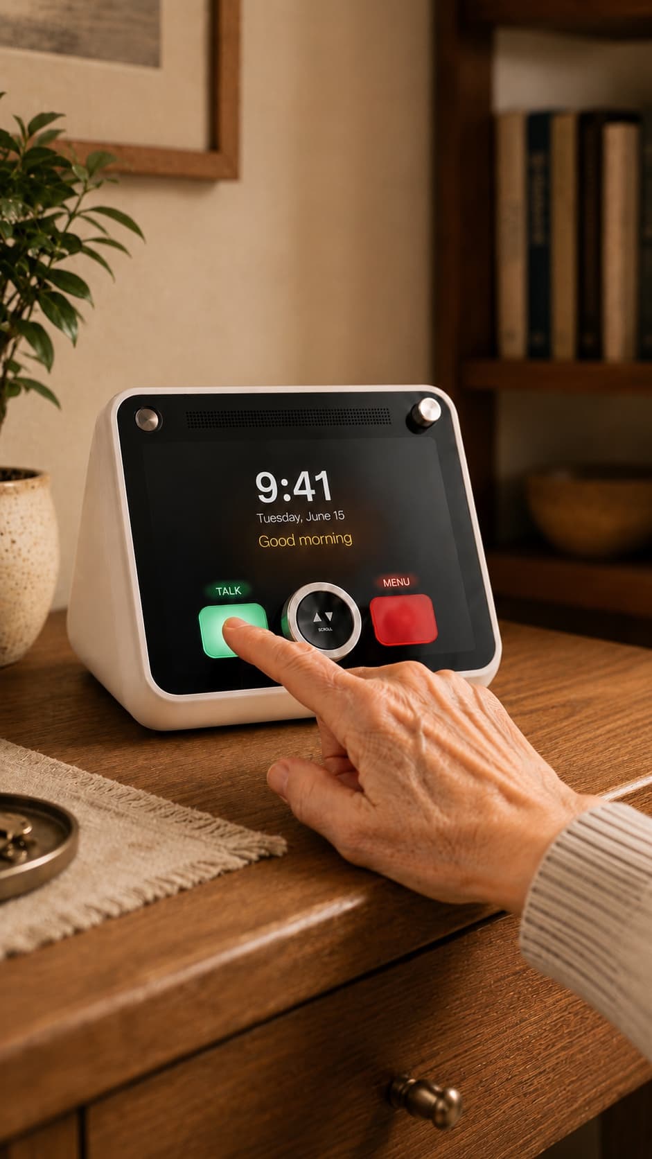 A finger pressing the green talk button on the cream Lutso device as it rests on a wooden desk beside a plant, its screen showing the morning time and a good-morning greeting