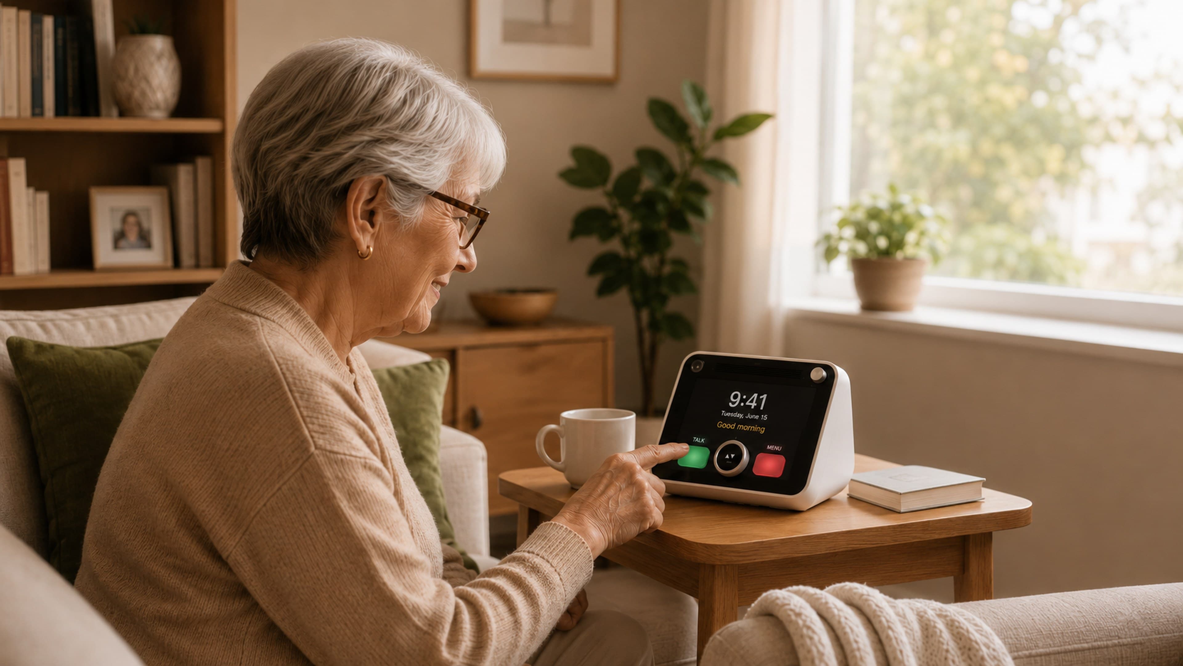 An older woman with grey hair and glasses smiling as she reaches out to press the green talk key on the cream Lutso device, which sits on a wooden side table beside a mug in a warm, sunlit living room