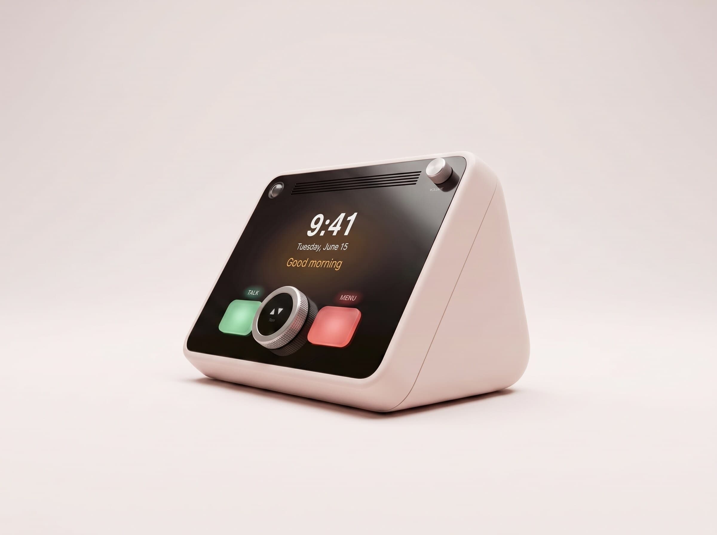 The cream Lutso device on a soft blush background, turned three-quarters, its calm morning screen and physical keys clearly in view