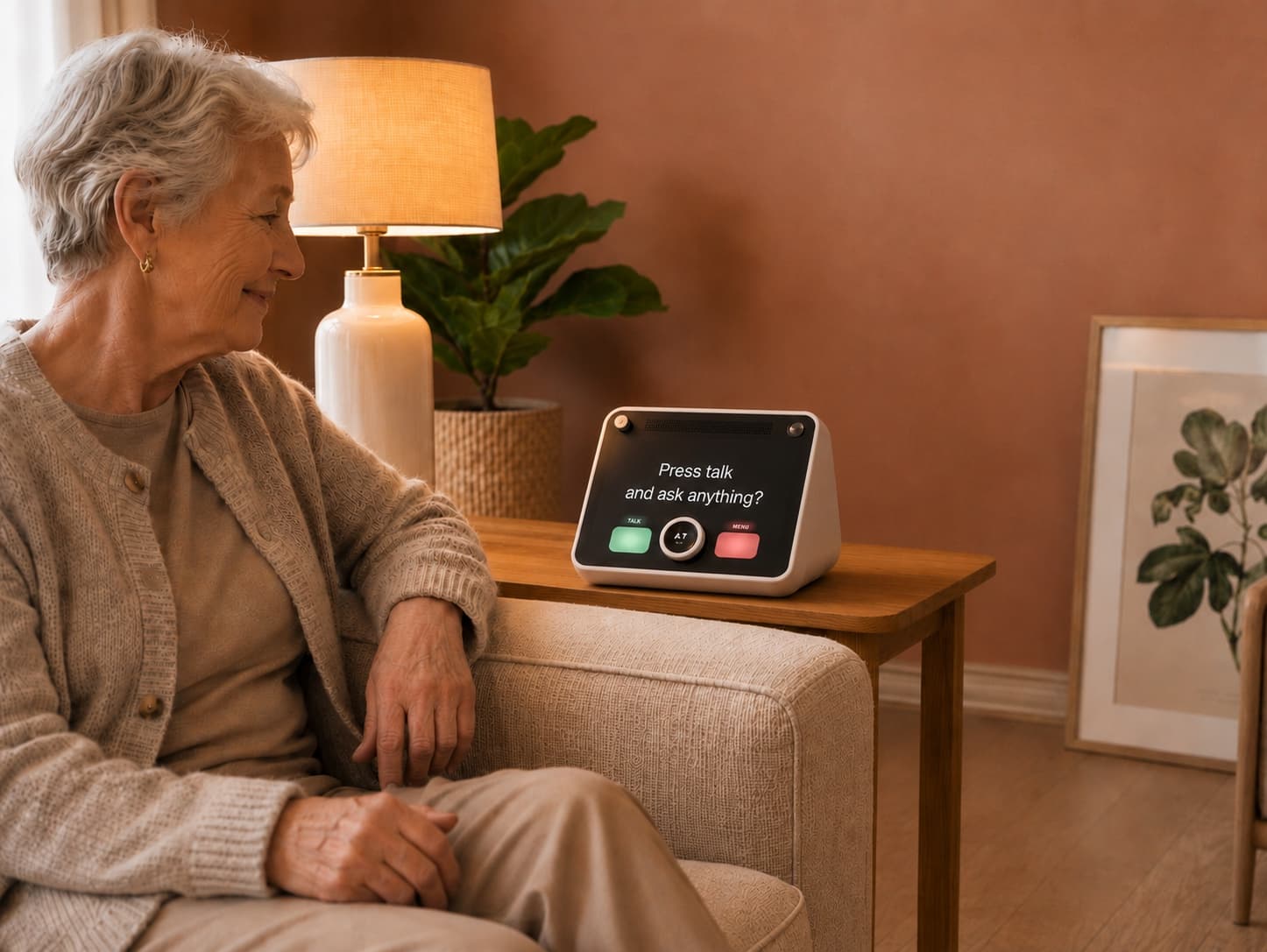 An older woman sitting in a soft armchair smiling toward the cream Lutso device on the side table beside her, its screen reading “Press talk and ask anything?” above the green talk button
